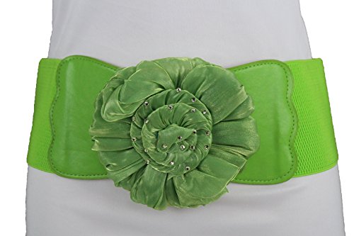 TFJ Women Elastic Wide Corset Belt High Waist Hip Bright Green Fabric Flower Bling S M