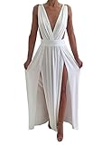 Maketina Womens Sexy Deep V Neck Backless High Slit Flowy Long Evening Dress White S