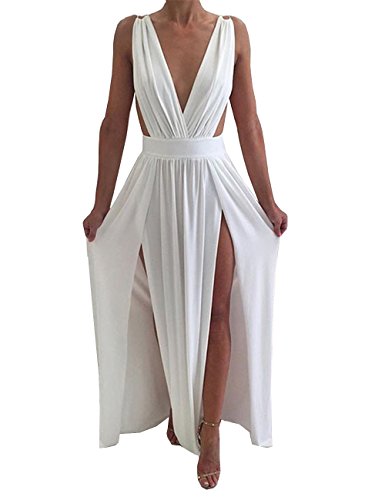 Maketina Womens Sexy Deep V Neck Backless High Slit Flowy Long Evening Dress White S