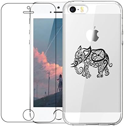 iPhone 5/5S/SE Case with Tempered Glass Screen Protector, Shumeifang® Ultra Thin Soft Gel TPU Silicone Case Cover with Cute Cartoon for Apple iPhone 5/5S/SE - Elephant
