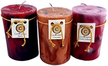 Valentine's Day Romantic Gift - Handmade, Long Burning Pillar Candles - Chocolate, Merlot & Rose Scent (3 Small)