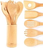 Organic Bamboo Cooking & Serving Utensil Set By Neet - 6 Piece Set | Spoon & Spatula Mix | Utensil Holder Organizer | Non Stick Wooden Kitchen Gadgets | Great Gift For Chefs & Foodies