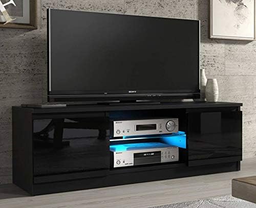Mex Furniture LTD Modern TV Unit Cabinet Stand Sideboard Matt body and High Gloss Doors LED Light E031 (Black and Black)