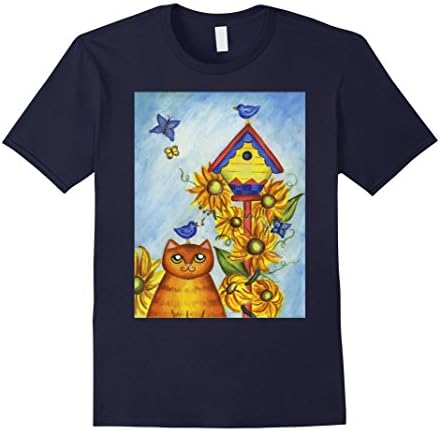 Mens Funny Cute Cat Birdhouse Sunflower T-Shirt XL Navy