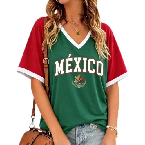 Xynerix Mexico Shirts for Women Oversized Mexico Flag Raglan V Neck Shirt at Amazon