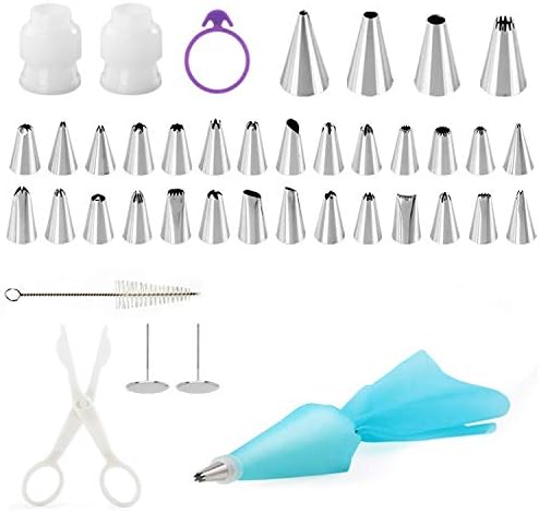40 Professional Cake Decorating Supplies Kits 32 Icing Tips 2 Flower Nails 2 Plastic Coupler 1 Reusable Silicone Pastry Bags 1 Pipe Brush Cleaner 1 Flower Lifter Scissor 1 Rubber Band