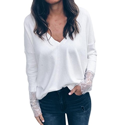 Women's Solid Lace Long Sleeve V-Neck Shirt Blouse Loose Pullover Top (US4/S, White)