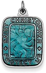 Sterling Silver Blue Enamel Square St. Christopher Medal Pendant