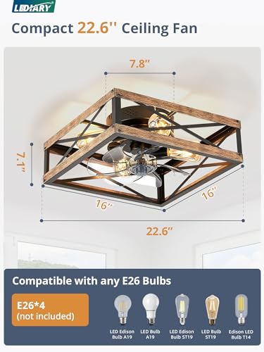 LEDIARY Caged Low Profile Ceiling Fan with Lights and Remote, Rustic Square Flush Mount, 6 Speed and Reversible, Small Farmhouse Bladeless Ceiling Fan for Bedroom, Kitchen, Dining Room