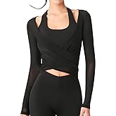 Harssidanzar Yoga Two-Piece Set Long Sleeve for Women Mesh Gym Athletic Tops Workout Shirts with Sports Bra CL306US