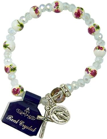 First Communion Flower Glass Bead Stretch Rosary Bracelet with Silver Tone Miraculous Medal, 6 Inch