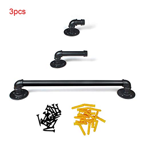 Industrial Pipe Bathroom Hardware Fixture Set | 3 Piece Kit Includes Robe Hook, 21 Inch Towel Bar and Toilet Paper Holder, Heavy Duty DIY Style, Modern Chic Electroplated Black Finish