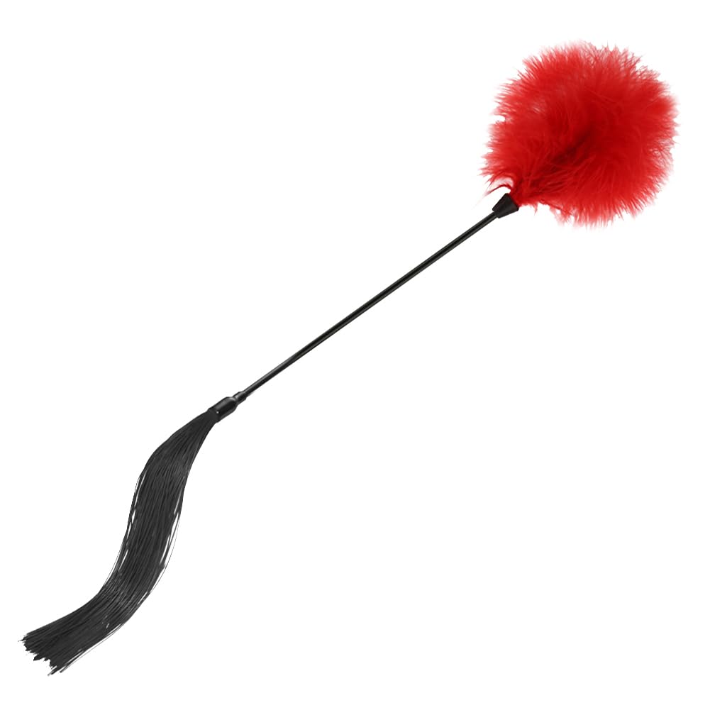 FSSTUD Silicone Horse Riding Whip Soft Feather Duster Tickler Feather Teaser Stick Couples Role Play Toys with Tassels for Adults Red
