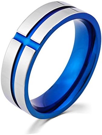 Aunyamanee Jewelry Shop 6MM Silver Titanium Steel Blue Cross Ring Men's Stainless Wedding Band Size 6-11 (10)