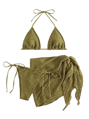 GORGLITTER Women's 3 Piece Swimsuits Halter Triangle String Bikini Set with Beach Skirt Swimwear Set Mustard Yellow Small at Amazon