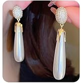 Jumwrit Boho Pearl Drop Dangle Earrings Pearl Wedding Earring Vintage Stud Earrings Golden Long Water Drop Earrings Statement Big White Teardrop Pearl Earrings for Women