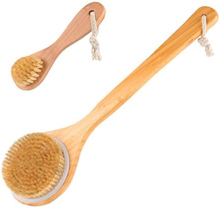 Dry Body Brush Shower Brush with Face Brushes Shower Bath Scrubber Back Scrubber with Long Handle For Cellulite Lymphatic Blood Circulation Natural Bristles Bath Brushes