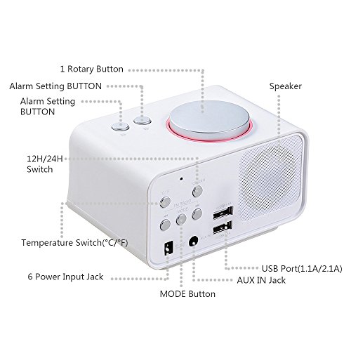 Digital Alarm Clock with FM Radio, ALLOMN Dual Alarm Clock with AUX Speaker, Indoor Thermometer, Phone Charger with Dual USB Port, 1.4" LCD Display, Nap/Sleep Timer for Bedroom (White) - Thumbnail 3