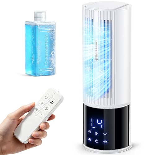 Portable Air Conditioner Air Cooler 6-in-1 Portable Tower Fan,3 Speeds, Storm Mode Mist,Remote Control,Automatic Oscillation,8H Timer LED Display with Ice Packs for Home & Office Use（white）
