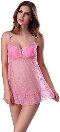SJWM Attractive Love Sexy Lingerie V-Neck Lace mesh Babydoll For Women (XL, Pink)