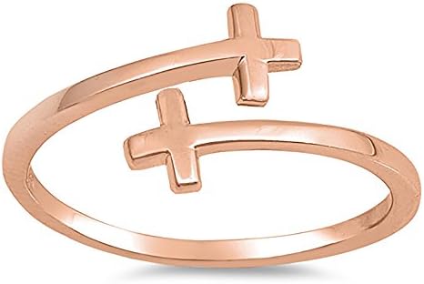 Sterling Silver Rose Gold Plated Sideways Cross Bypass Ring - Size 7