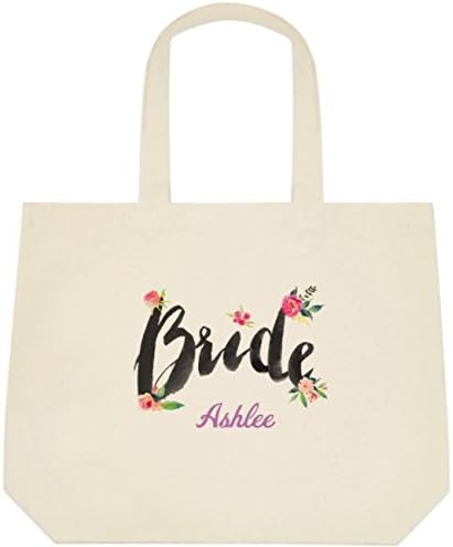 Heartfelt Hospitality Floral "Bride" Brush Font Canvas Wedding Bride Tote Bag (PERSONALIZED)