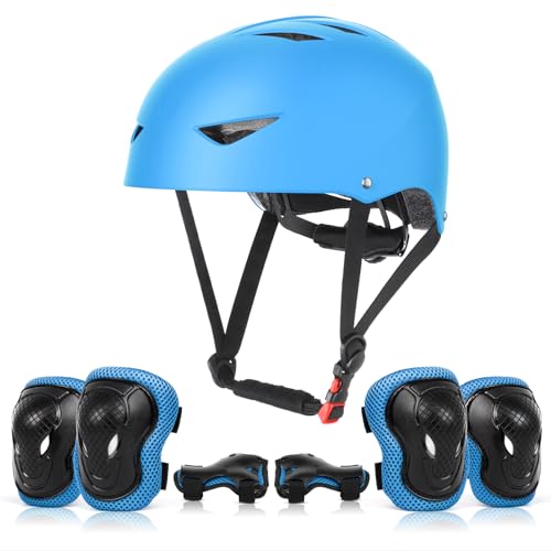 Kinderhelm Skateboard Helm mit Schützer inliner Kinder Schonerset Protektoren Helm für inliner Skateboard Fahrrad Rollschuh 54-58cm Kopfumfang (Blau)