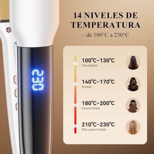 ANLAN Plancha de pelo iónica con luz roja, placas cerámicas flotantes 3D de 36 mm, Rápido 15s, 14 niveles, pantalla LCD, profesional e inteligente