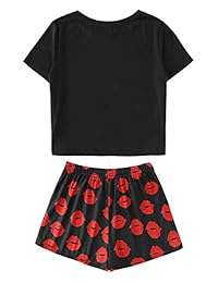 WDIRARA - Conjunto de pijama para mujer con estampado de cara y pantalones cortos de labio rojo