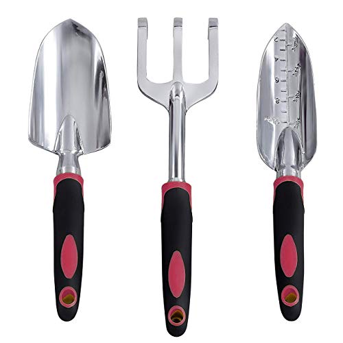 FANHAO Upgrade Ergo Garden Tool Set, 3 Piece Top Quality Cast-Aluminum Heavy Duty Gardening Gifts Tool Set with Trowel & Shovel, Transplanter and Cultivator, Ideal For Men and Women