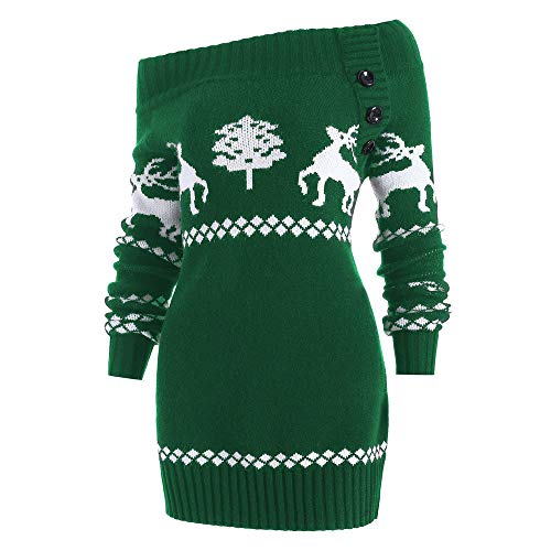 Women Off Shoulder Knitted Sweater Sweatshirt Christmas Tree Elk Print Pullovers Tops T-Shirt Dress Green