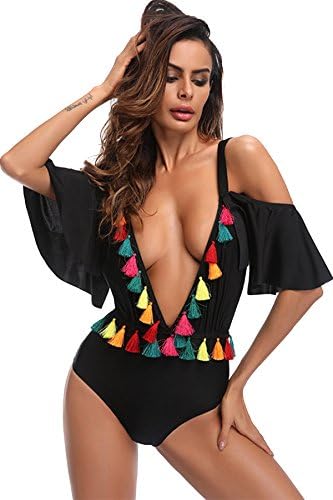 JYUAN Women's Sexy V Neck Off Shoulder One Piece Bathing Suits Swimsuit (XL, Tassels Style)