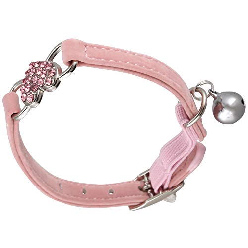 Vaorwne Heart Charm and Bell Collar Safety Elastic Adjustable with Soft Velvet Material Collar pet Product Small S Pink