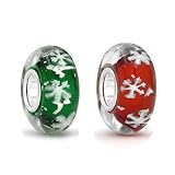 Christmas Let It Snow! White Snowflake Red and Green 2 Murano Glass Beads 925 Sterling Silver Core Bead Fits European Charm Bracelet