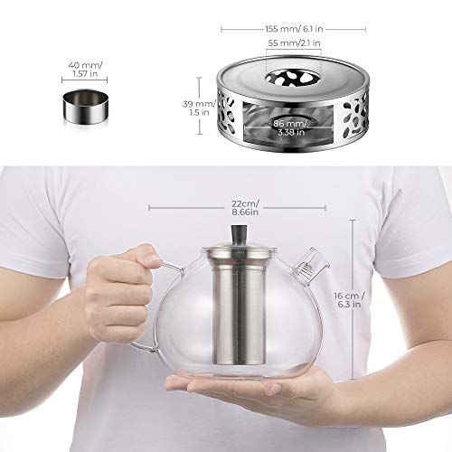 ecooe Original 2000ml Silberne Teekanne Glas Borosilikatglas Teebereiter mit 18/8 Edelstahl Stövchen Abnehmbare Sieb Hitzebeständig für Schwarzen Tee Grüner Tee Fruchttee Duftender Tee Teebeutel – Bild 4