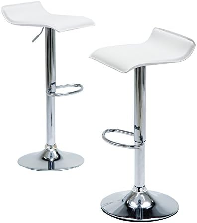 Modern Kitchen Chairs Counter Height, White PU Leather Chrome Finish Bar Stools, Set 0f 2 Adjustable Swivel Barstools