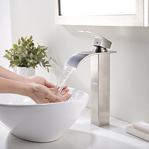 VESLA HOME Single Handle Tall Waterfall Brushed Nickel Vessel Sink Bathroom Faucet, Lavatory Vanity Sink Faucet With Large Rectangular Spout