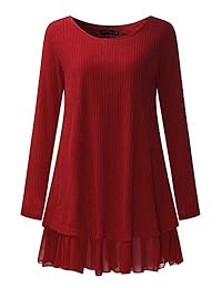 StyleDome, vestido corto de manga larga, con borde de encaje, con vuelo, cuello redondo, para mujer