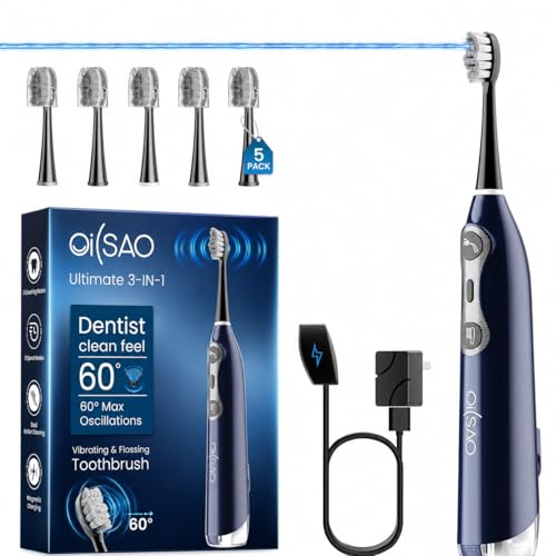 Electric Toothbrush with Water Flosser for Adults, 3-in-1 Sonic Brush & Floss Combo, Cordless Oral Irrigator with 5 Brush Heads, 3 Modes, 30-Day Battery, Travel Toothbrush for Braces, Sensitive Gums