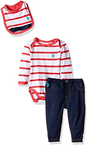 U.S. Polo Assn. Baby Girls' Long Sleeve Creeper, Jogger Pant, and Bib, Tea Berry, 3-6 Months