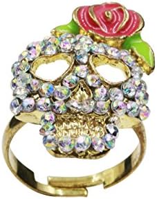 18k Gold Plated Crystal Resizable Skull Ring with Heart Shaped Eyes and Red Rose