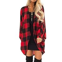 JOFOW Womens Cardigans Long Coats Plaid Batwing Sleeve Round Hem Casual Oversize Boyfriend Loose Jackets Spring Autumn (L =US:4-8,Red)