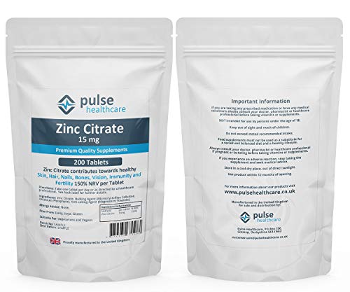 Zinc-Citrate-Tablets-15mg-200-Tablets-High-Strength-150-NRVRDA-Support-of-Immune-System-Skin-Health-Hair-Nails-Fertility-Manufactured-in-The-UK-Pulse-Healthcare-Supplements