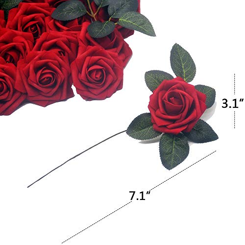 Lmeison Artificial Flower Rose, 50pcs Real Looking Artificial Roses w/Stem for Bridal Wedding Bouquets Centerpieces Baby Shower DIY Party Home DÃ©cor, Dark Red with 4 Leaves