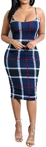 Bodycon4U Women's Spaghetti Straps Striped Plaid Print Bodycon Club Night Out Mini Dress