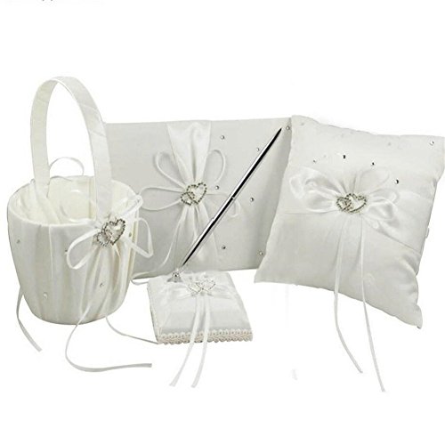 Youzpin 4Pcs Romantic Wedding Ceremony Party Favor Sets, Rhinestone Stain Ribbon Wedding Ring Pillow+ Girls Flower Basket +Guest Book + Pen for Elegant Wedding Party