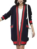 D.B.M Women's Casual Loose Contrast Stripe Long Sleeve Pocket Knit Cardigan (One Size, Navy)