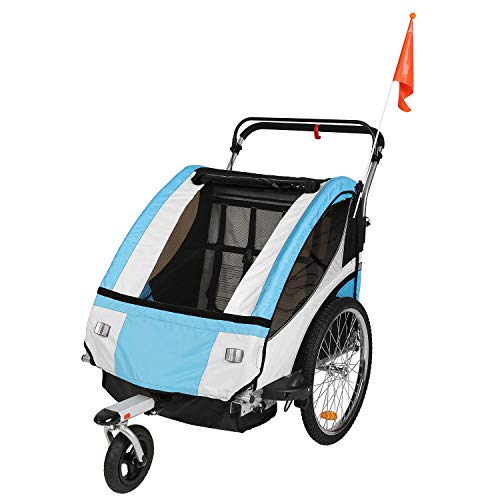 Clevr Elite 3-in-1 Double 2 Seat Bike Bicycle Trailer Jogger Stroller for Kids Children - Foldable for Storage, Light Blue
