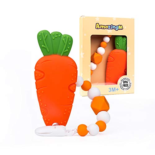 AmazingM Baby Teething Toys,Food Grade Silicone Carrot Teether Toy with Pacifier Clip Holder,BPA Free,Freezer Safe,Teething Egg for Infants and Toddlers