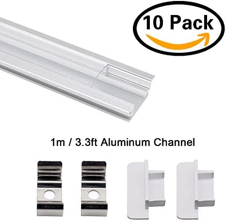 LED Channel, JIRVY 10 Pack 1M/3.3ft LED Aluminum Channel System Profile U-Shape Aluminum Extrusion Track W Clear Cover End Caps Metal Mounting Clips for LED Flex/Rigid Strip Lights